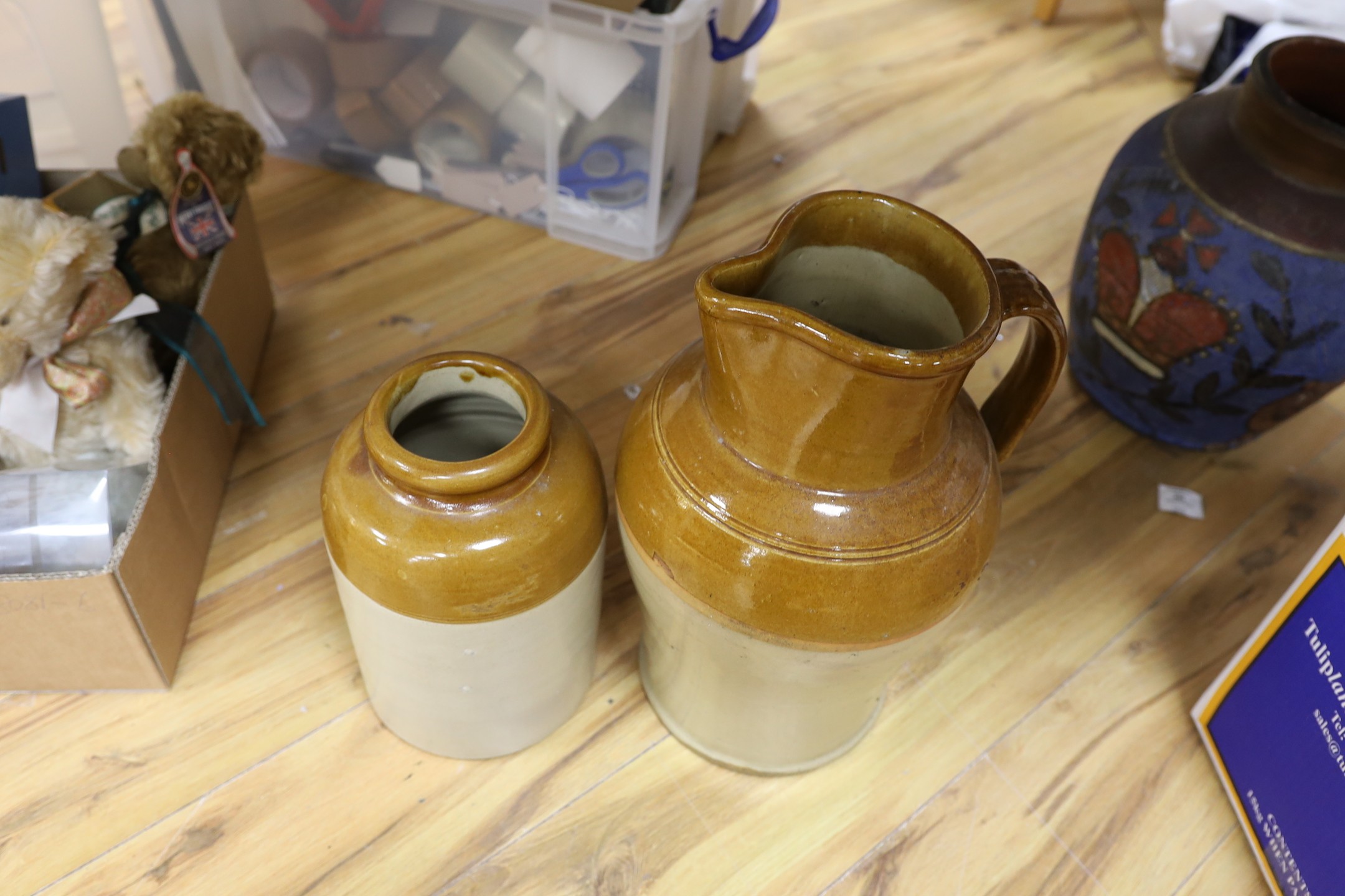 A large stoneware jug and jar